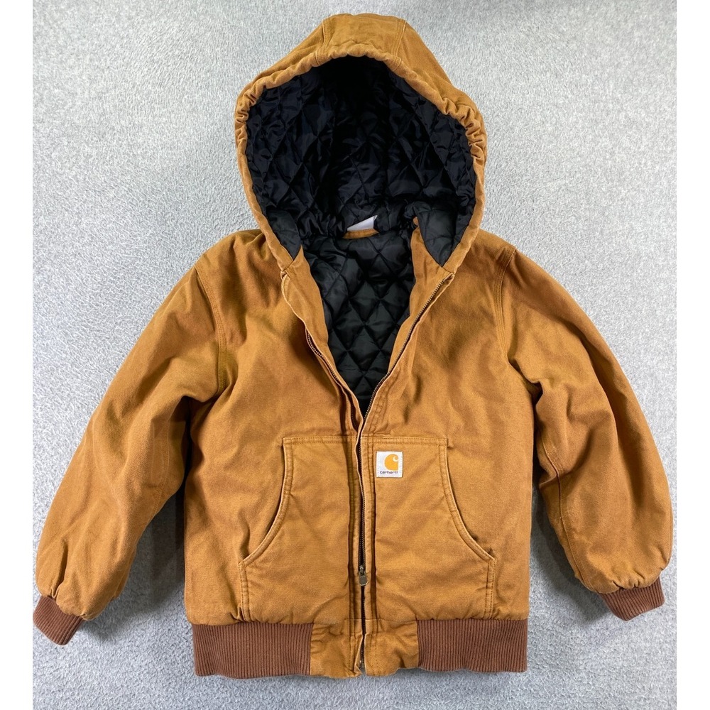 Carhartt Hooded Jacket Youth M Medium Brown Canvas Workwear Quilt Lined Coat